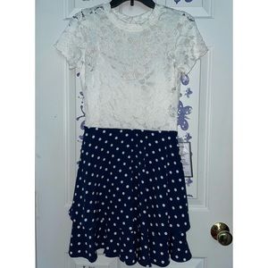 White Floral Lace Dress with Polka-Dot Bottom